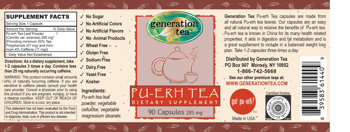 Pu-erh Tea 90 Vegi-Capsules All Natural Tea Detox Dietary Supplement Weight Loss